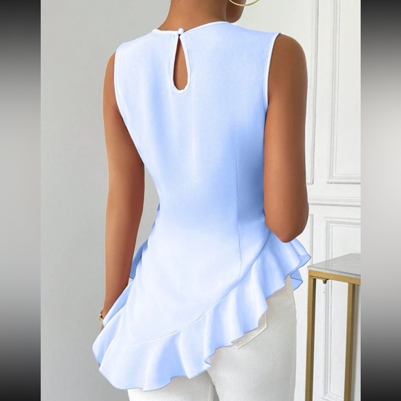 Luxe pink round neck ruffle hem sleeveless blouse - Picture 13 of 16